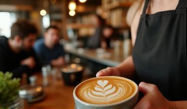 Thumbnail of a promotional video for a bustling local cafe, showing barista art and happy customers