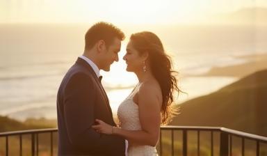 Thumbnail of a wedding video clip, showing a couple exchanging vows by the coast