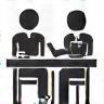 Icon representing consultation meeting with notes and coffee